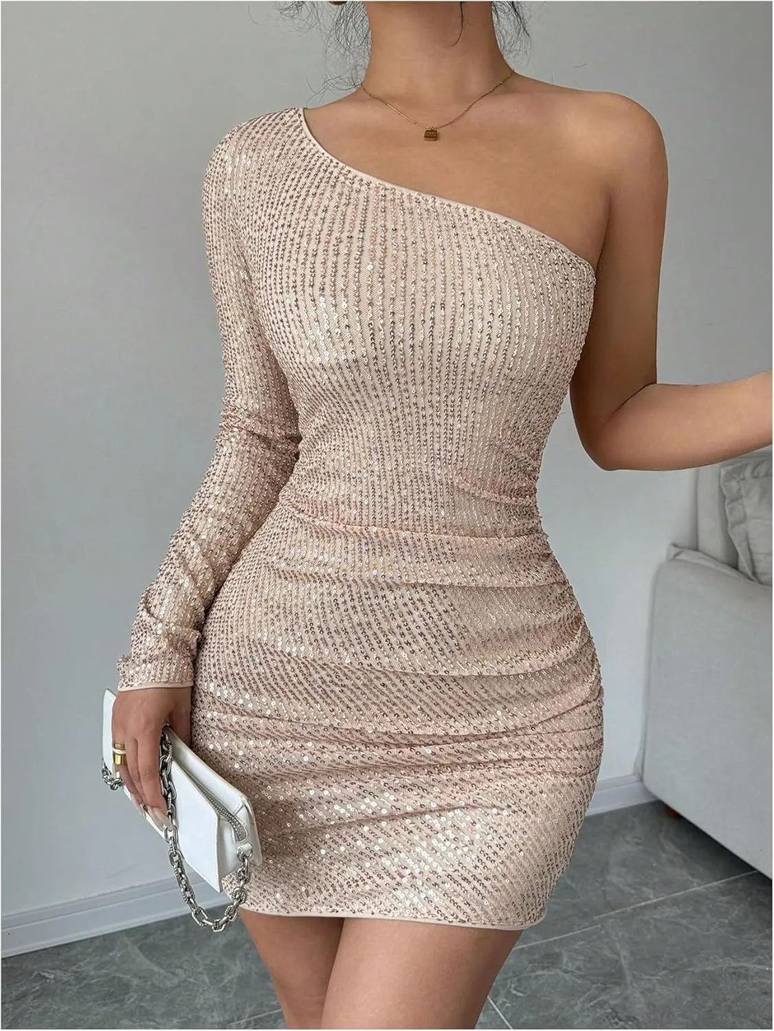 Floerns Women's Sequin One Shoulder Long Sleeve Bodycon Dress Cocktail Mini Dresses