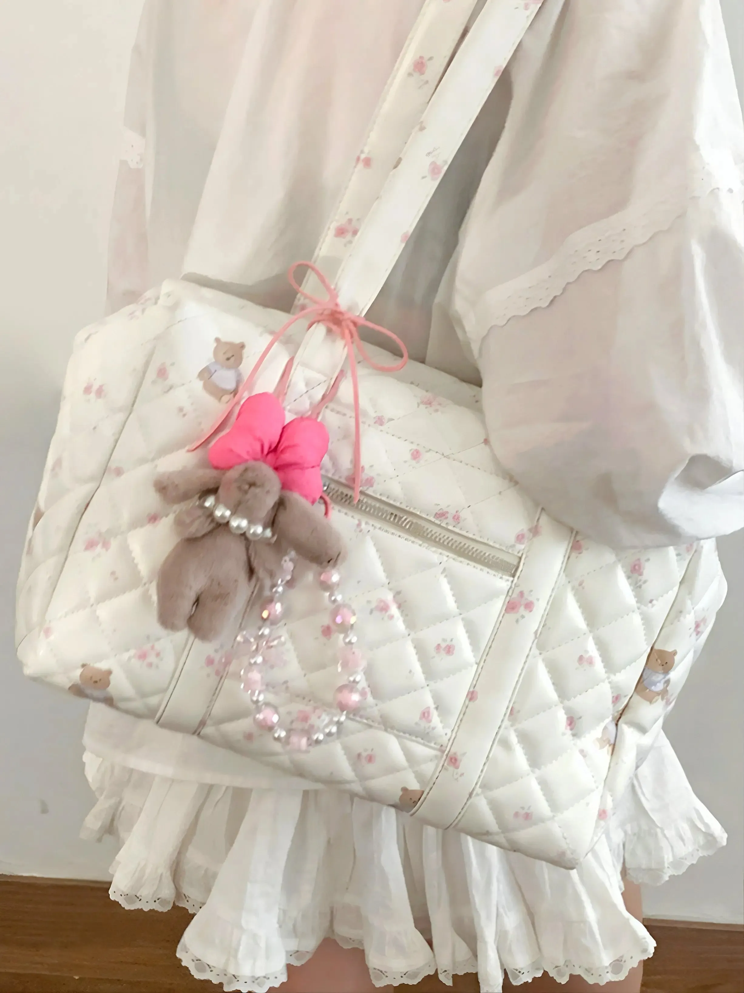 ‘Floria’Coquette Floral Bear Prints Big Volume Handbag
