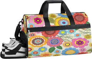 Flower Boho Bright Gym Duffle Bag for Women Men 35L Sports Bags Travel Duffel with Shoe Compartment Large Weekender Overnight