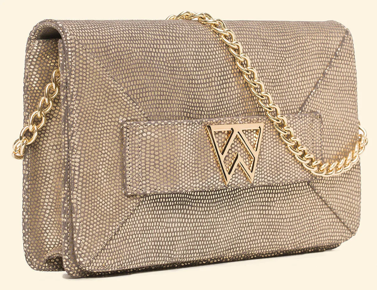 Forever Classy Clutch in Silver Gold Platinum Lizard