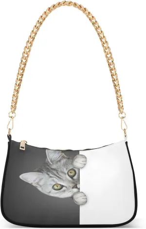 Funny Cat Shoulder Handbags for Women Travel Hobo Tote Handbag Women Gold Chain Shoulder Bags Purse with Zipper Closure