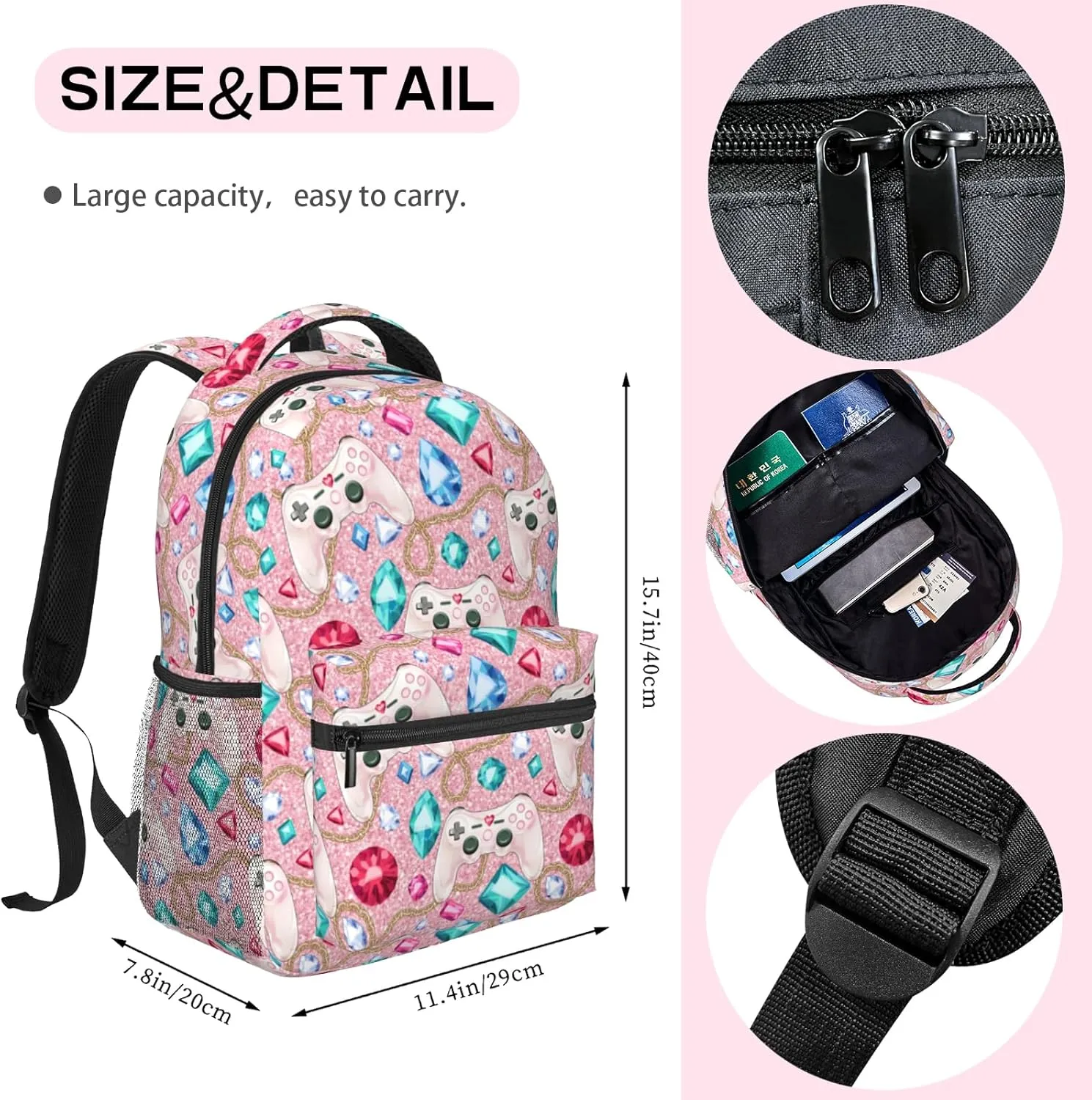 Gamepad Backpack for Girls Pink Video Game Backpack for Kids Gaming Print School Bag Lightweight Waterproof Adjustable Colorful Bookbag for Children Teens Travel Daypack