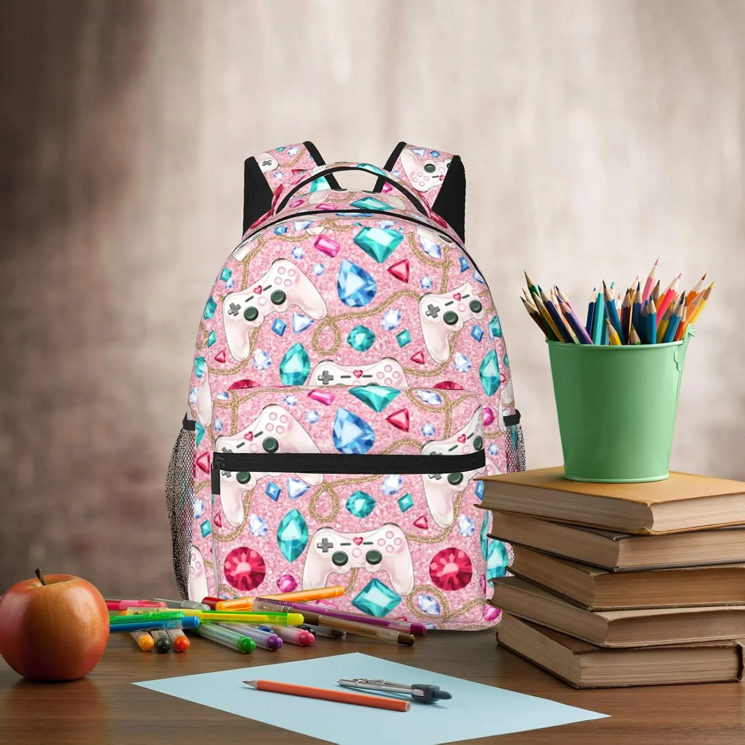 Gamepad Backpack for Girls Pink Video Game Backpack for Kids Gaming Print School Bag Lightweight Waterproof Adjustable Colorful Bookbag for Children Teens Travel Daypack