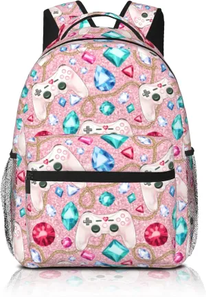 Gamepad Backpack for Girls Pink Video Game Backpack for Kids Gaming Print School Bag Lightweight Waterproof Adjustable Colorful Bookbag for Children Teens Travel Daypack