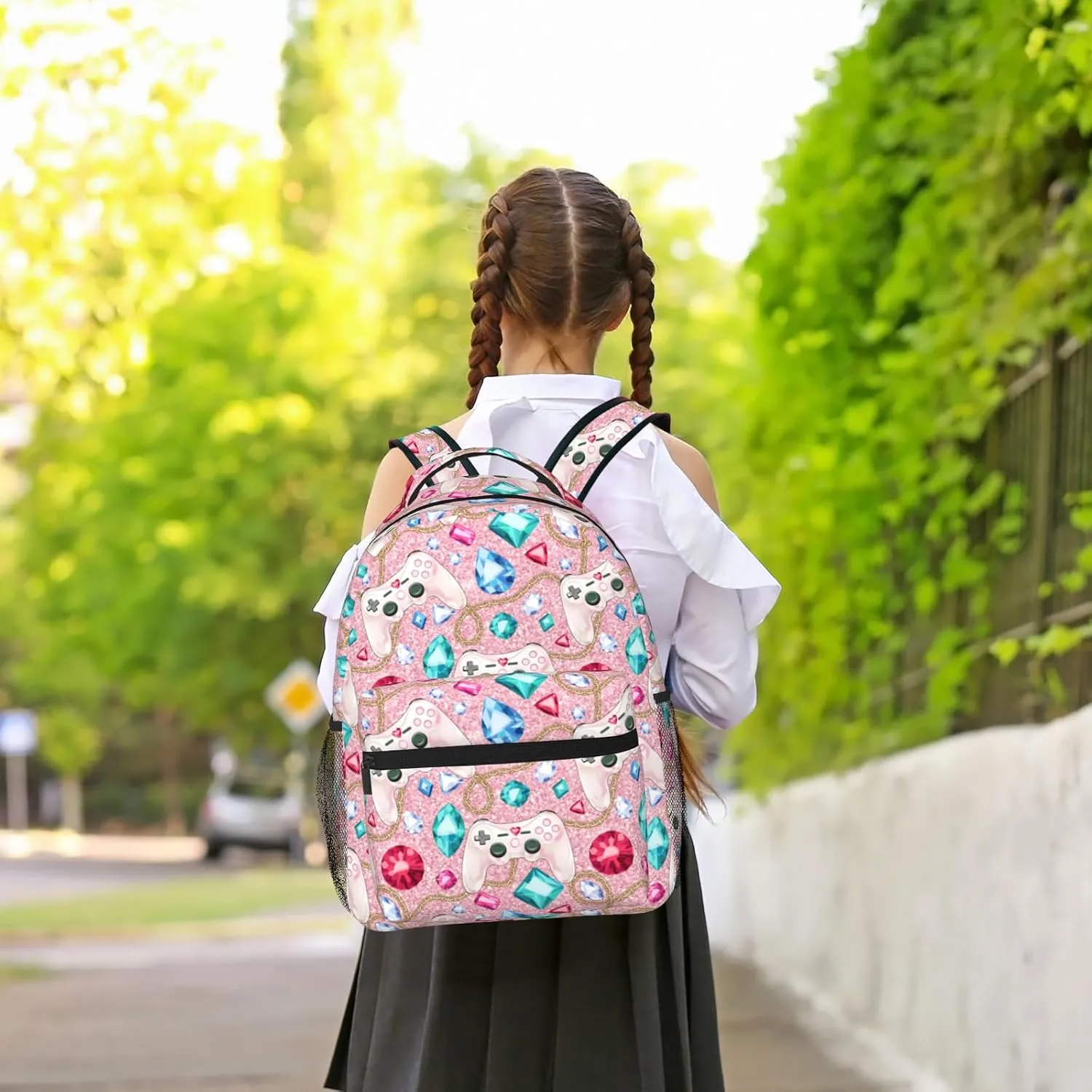 Gamepad Backpack for Girls Pink Video Game Backpack for Kids Gaming Print School Bag Lightweight Waterproof Adjustable Colorful Bookbag for Children Teens Travel Daypack