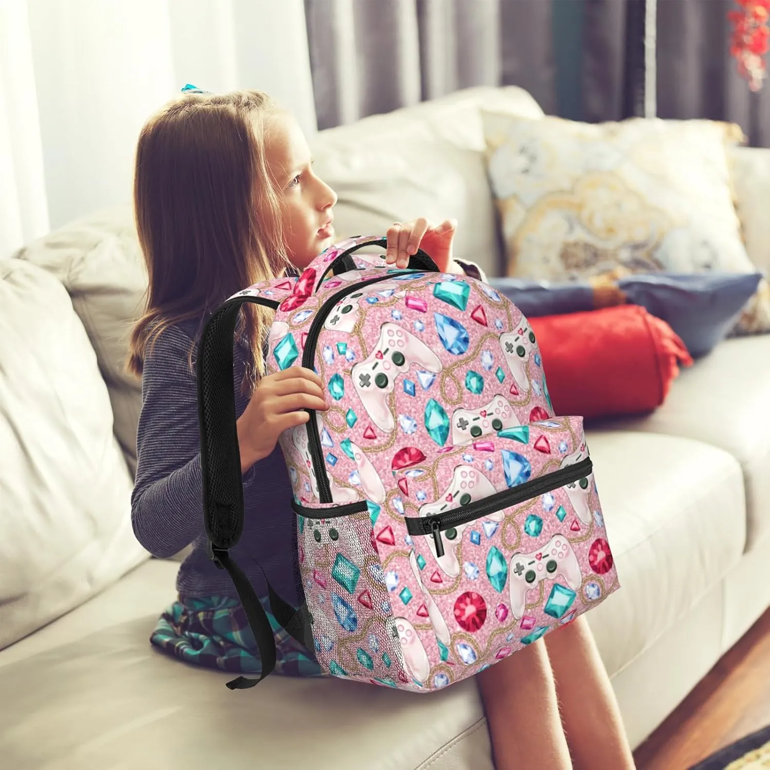 Gamepad Backpack for Girls Pink Video Game Backpack for Kids Gaming Print School Bag Lightweight Waterproof Adjustable Colorful Bookbag for Children Teens Travel Daypack