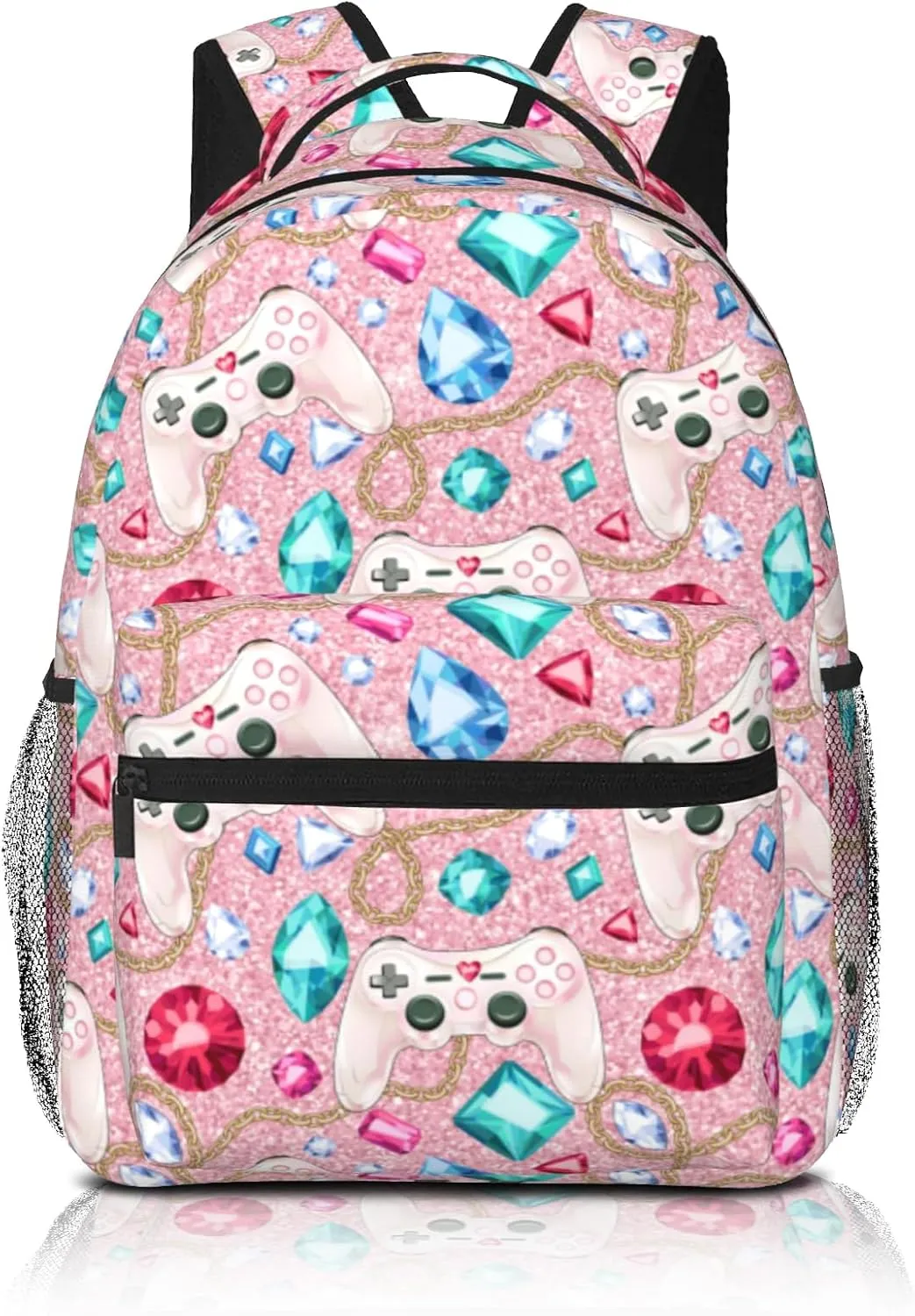 Gamepad Backpack for Girls Pink Video Game Backpack for Kids Gaming Print School Bag Lightweight Waterproof Adjustable Colorful Bookbag for Children Teens Travel Daypack