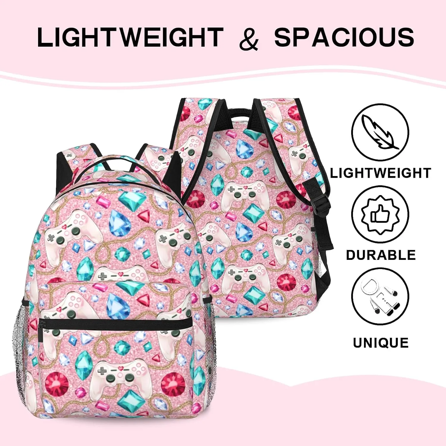 Gamepad Backpack for Girls Pink Video Game Backpack for Kids Gaming Print School Bag Lightweight Waterproof Adjustable Colorful Bookbag for Children Teens Travel Daypack