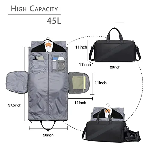 Garment Bags for Travel,Carry on Suit Bags for Men Travel,Garment Bag with Shoe Compartment,2 in 1 Waterproof Convertible Garment Bag with Shoulder Strap Black