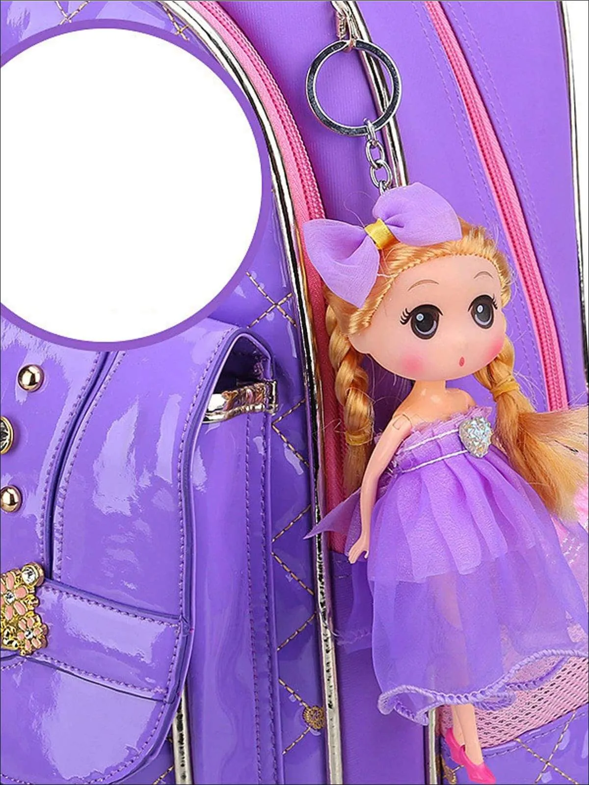 Girls 17" Quilted Patent Synthetic Leather with Heart & Rhinestone Applique