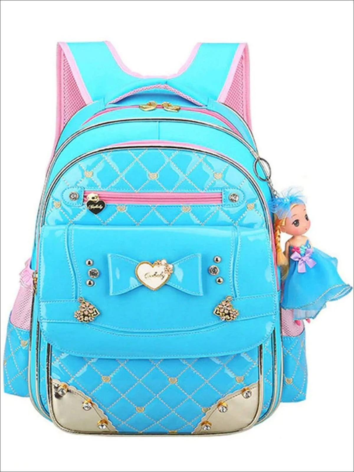 Girls 17" Quilted Patent Synthetic Leather with Heart & Rhinestone Applique