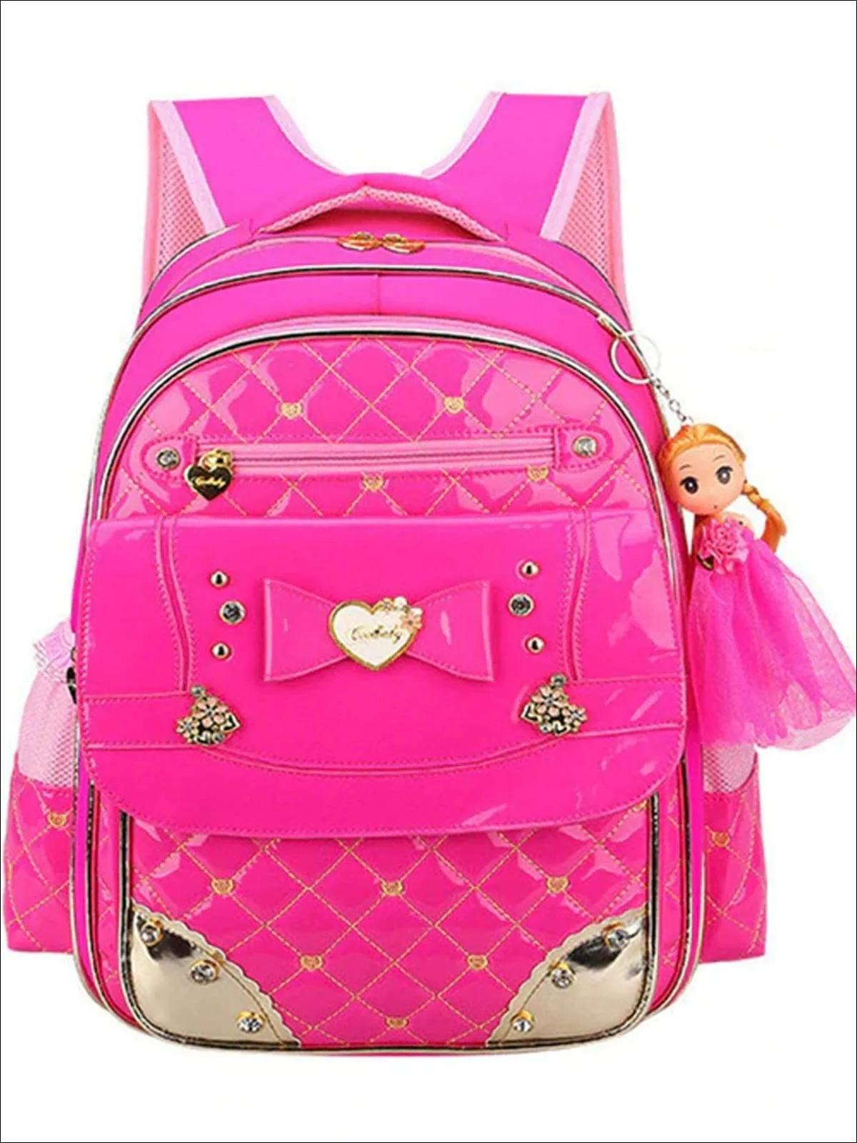 Girls 17" Quilted Patent Synthetic Leather with Heart & Rhinestone Applique