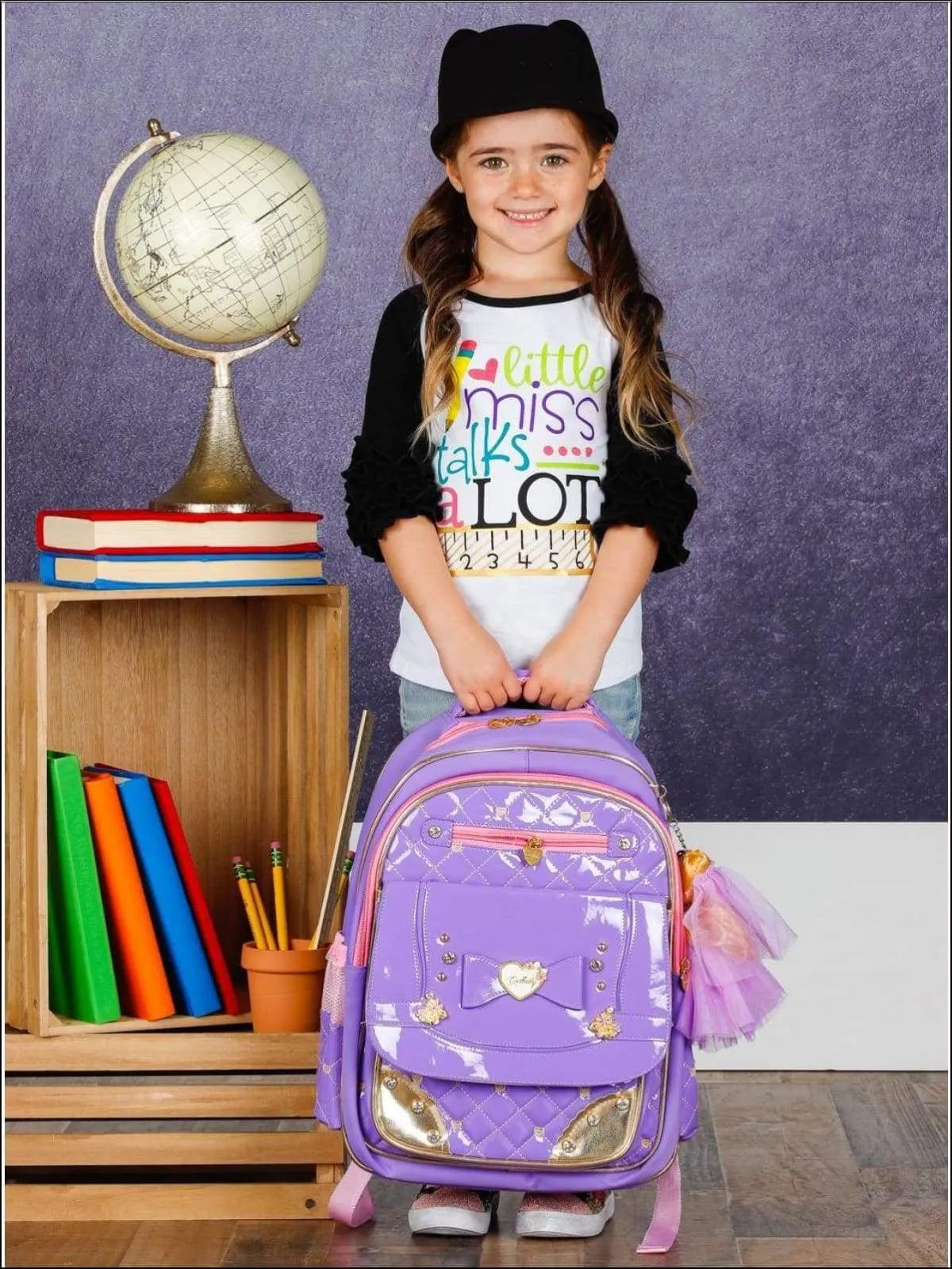 Girls 17" Quilted Patent Synthetic Leather with Heart & Rhinestone Applique