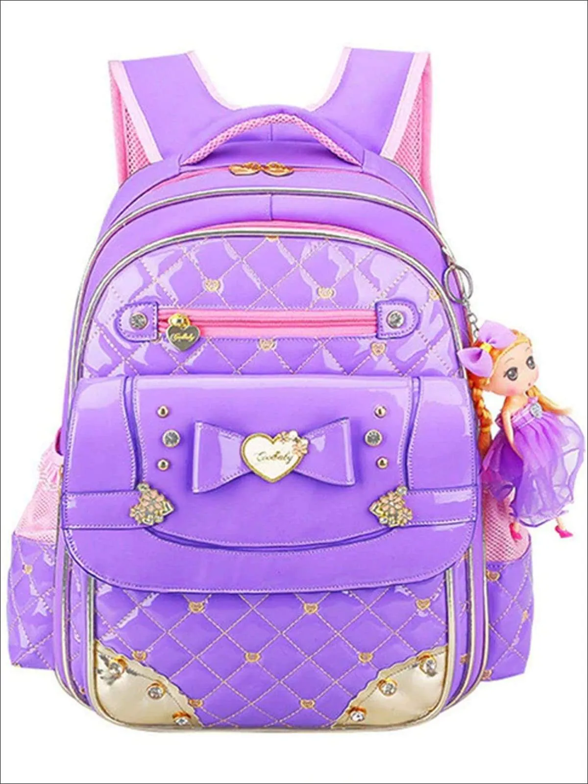 Girls 17" Quilted Patent Synthetic Leather with Heart & Rhinestone Applique