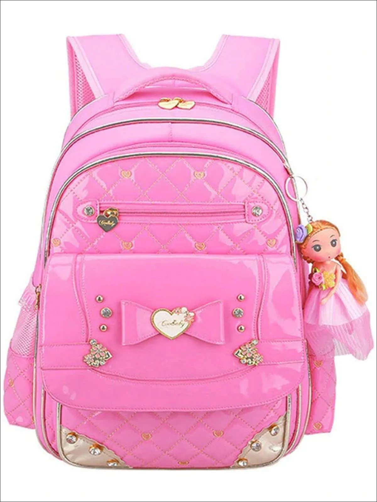 Girls 17" Quilted Patent Synthetic Leather with Heart & Rhinestone Applique