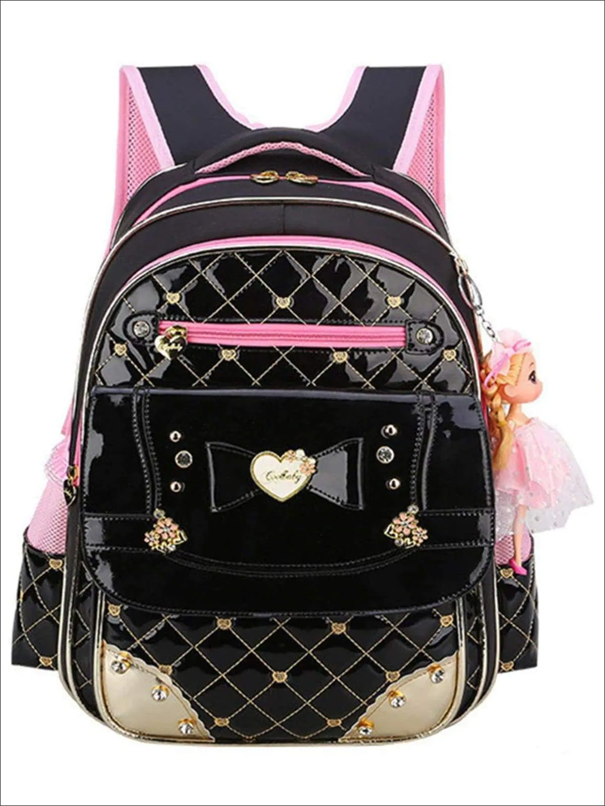 Girls 17" Quilted Patent Synthetic Leather with Heart & Rhinestone Applique