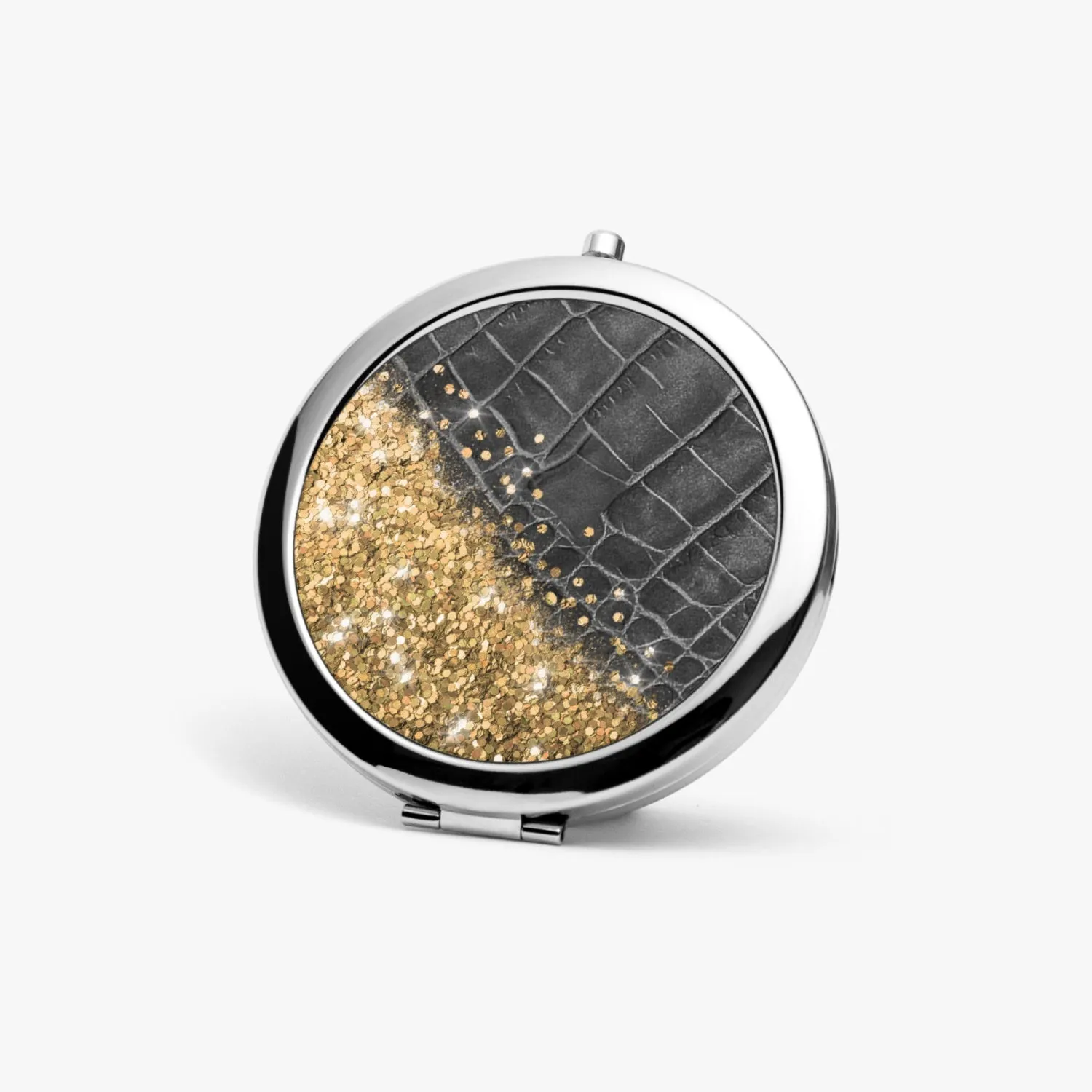 Gold Glitter & Black Leather | Compact Mirror