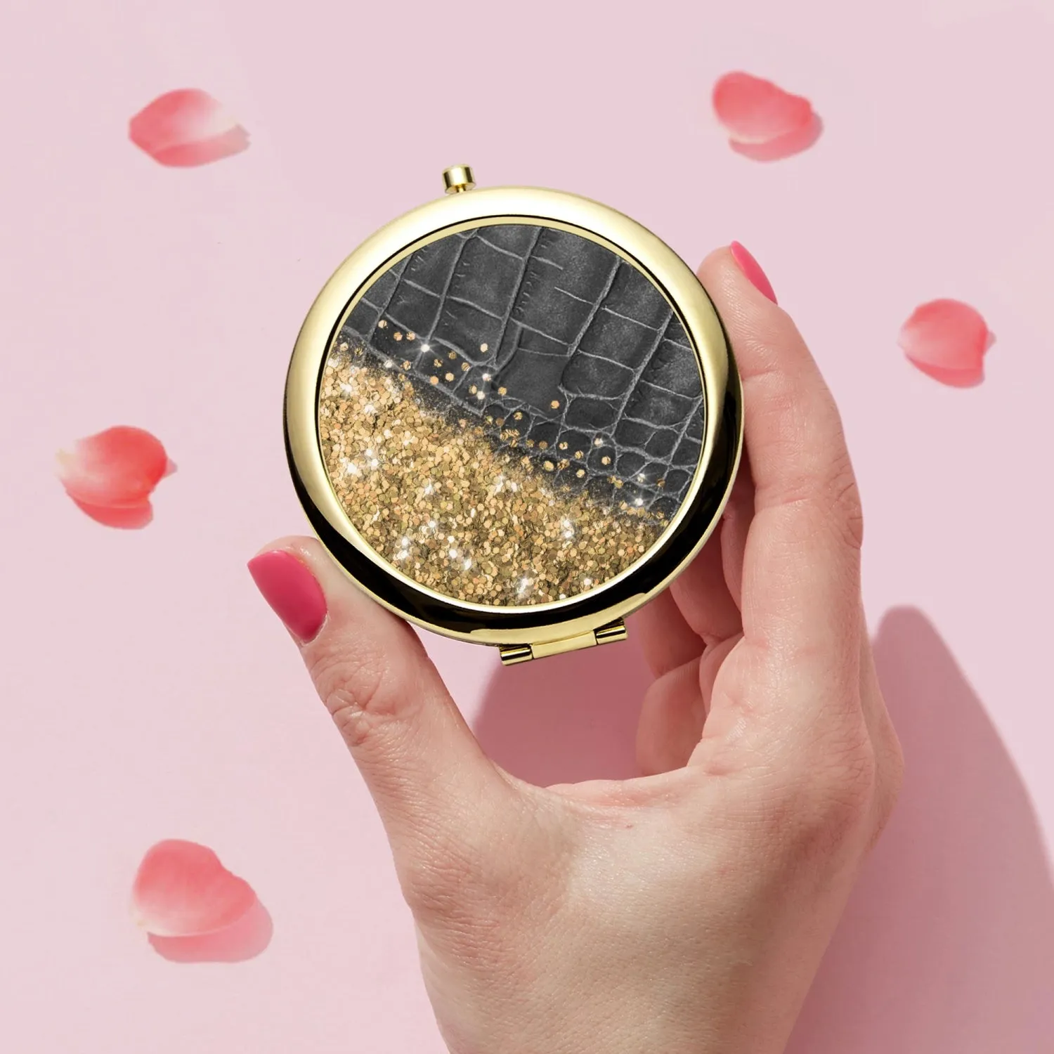 Gold Glitter & Black Leather | Compact Mirror