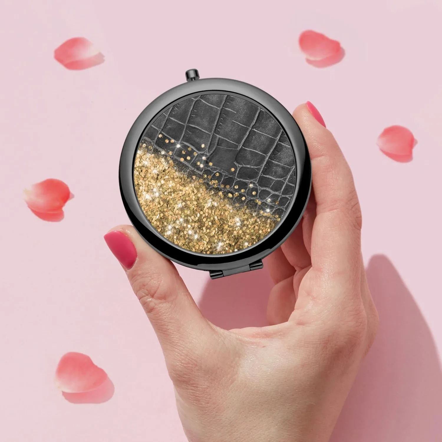 Gold Glitter & Black Leather | Compact Mirror