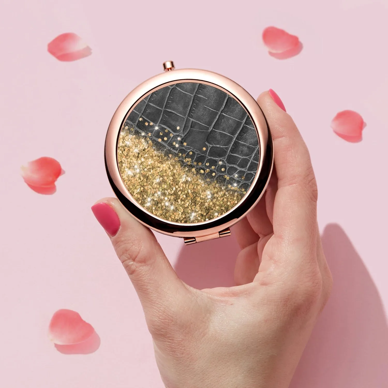 Gold Glitter & Black Leather | Compact Mirror