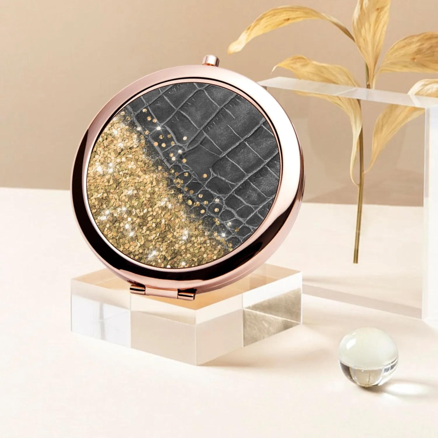 Gold Glitter & Black Leather | Compact Mirror