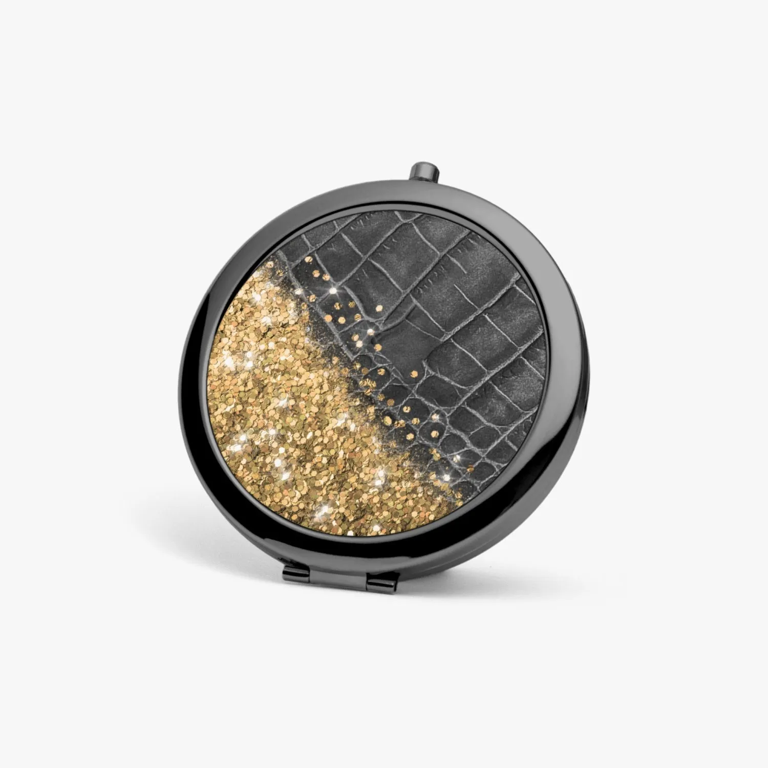 Gold Glitter & Black Leather | Compact Mirror