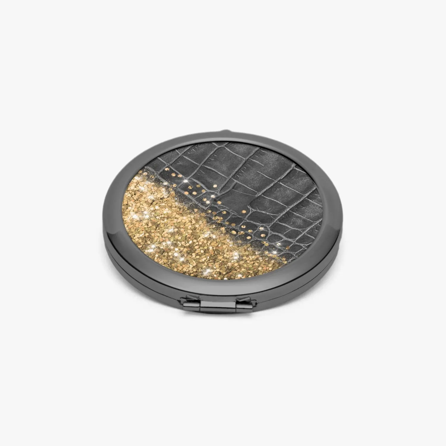 Gold Glitter & Black Leather | Compact Mirror