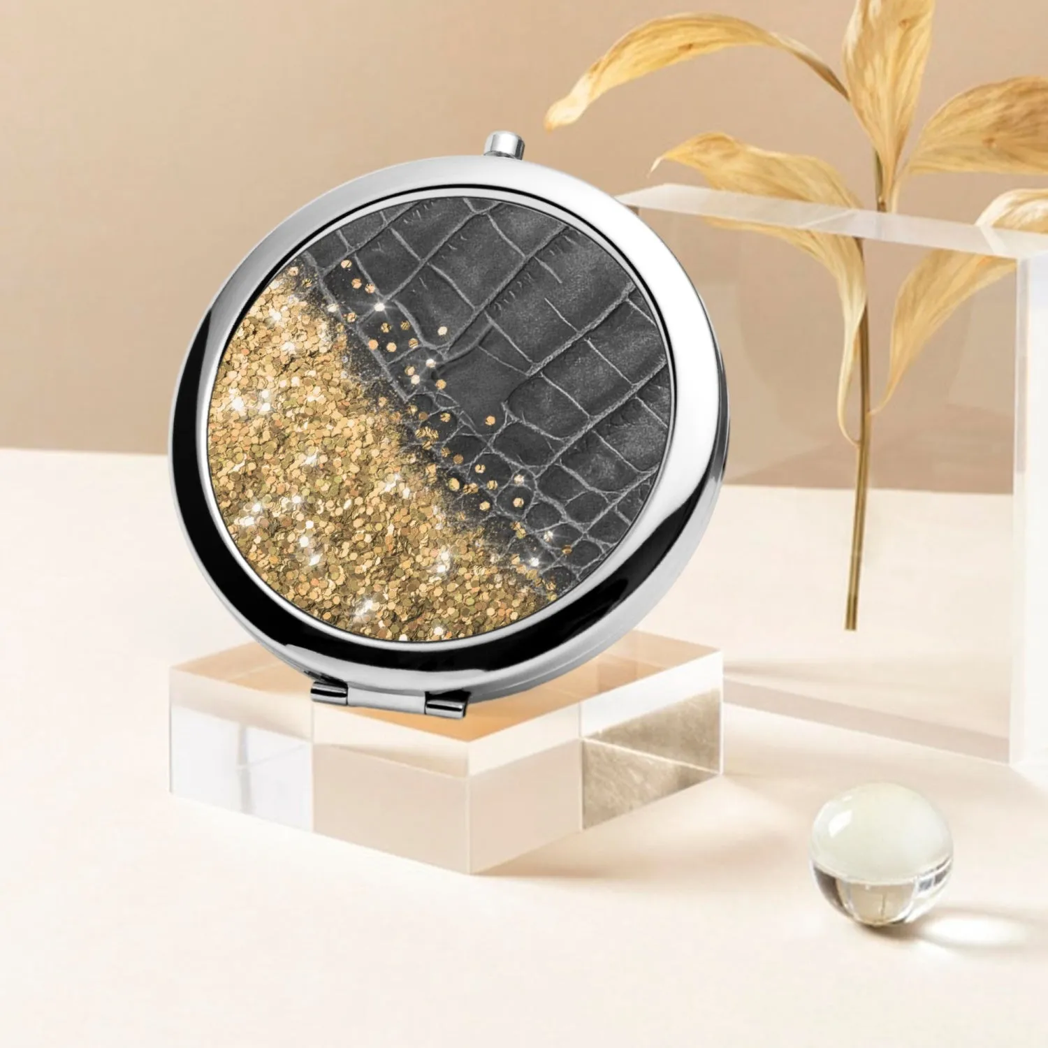 Gold Glitter & Black Leather | Compact Mirror
