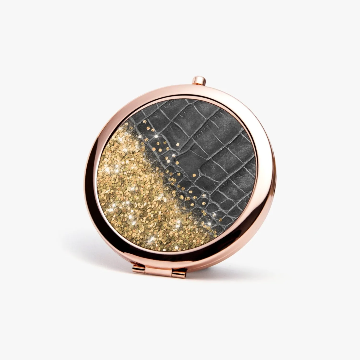 Gold Glitter & Black Leather | Compact Mirror
