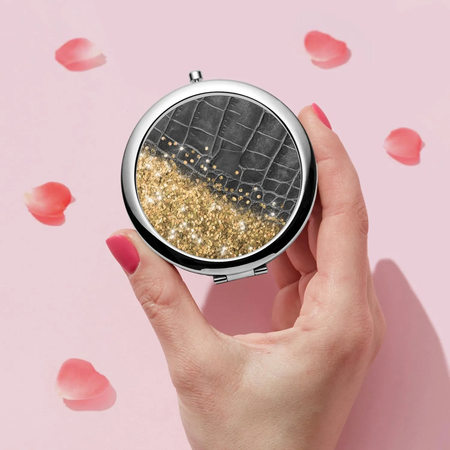 Gold Glitter & Black Leather | Compact Mirror
