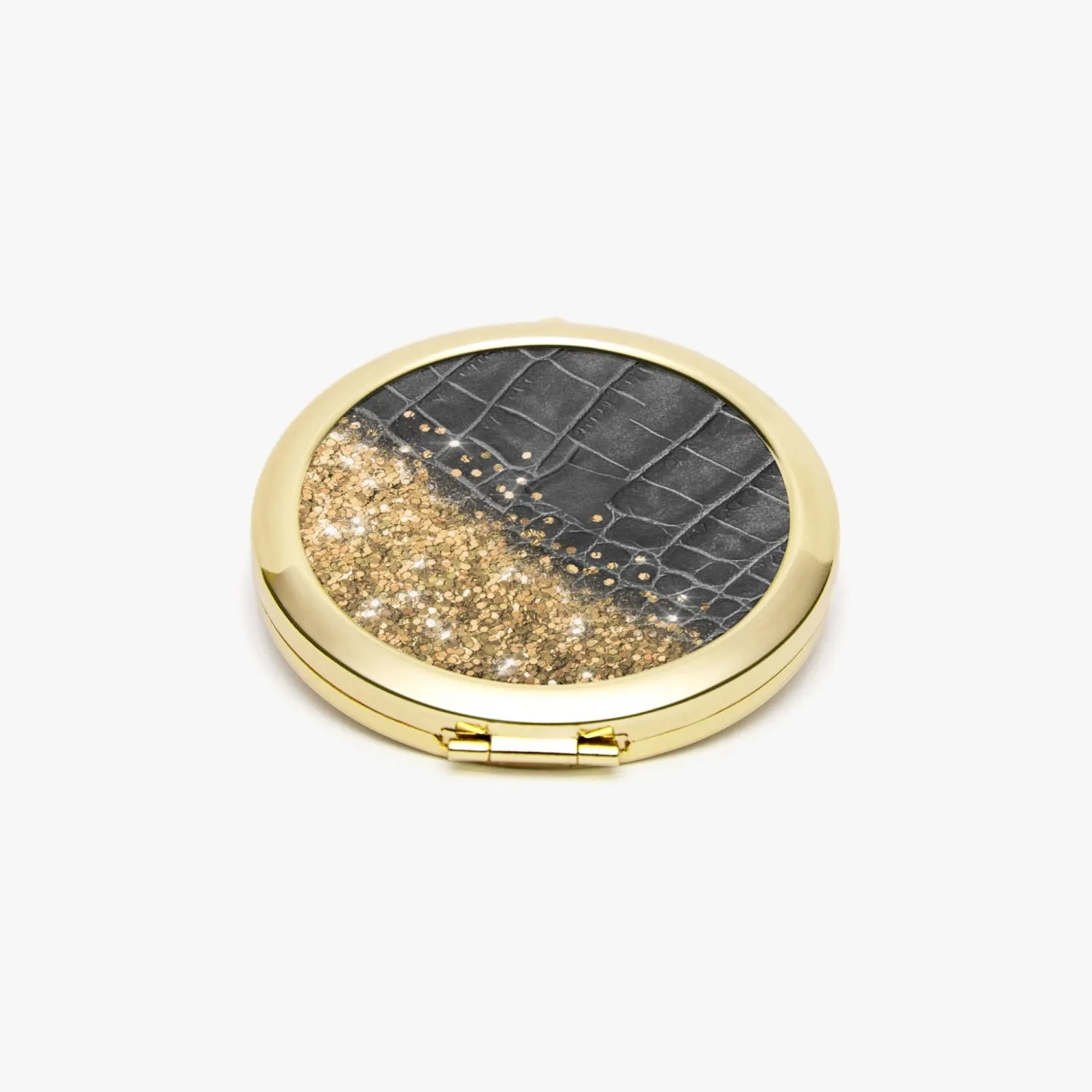 Gold Glitter & Black Leather | Compact Mirror