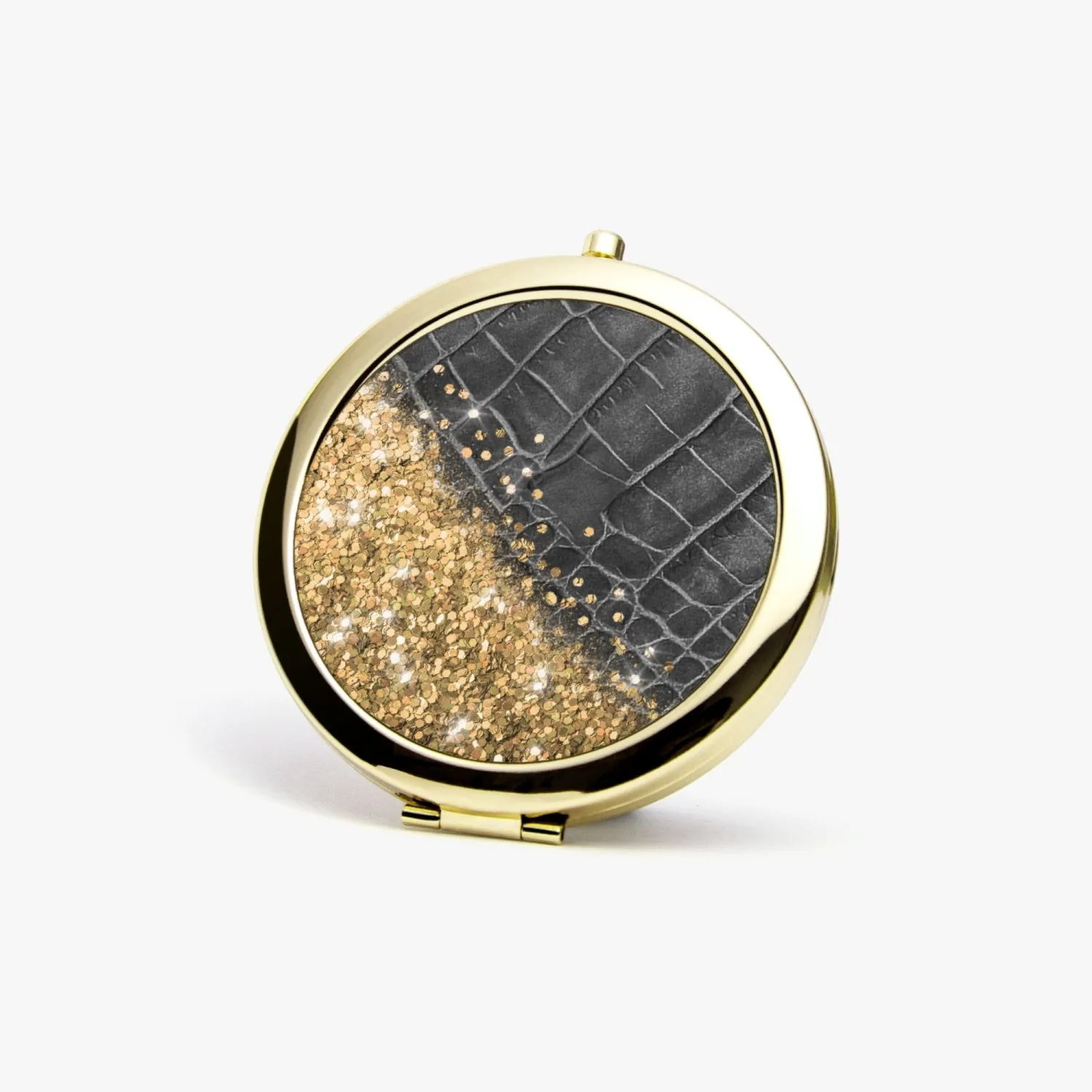 Gold Glitter & Black Leather | Compact Mirror