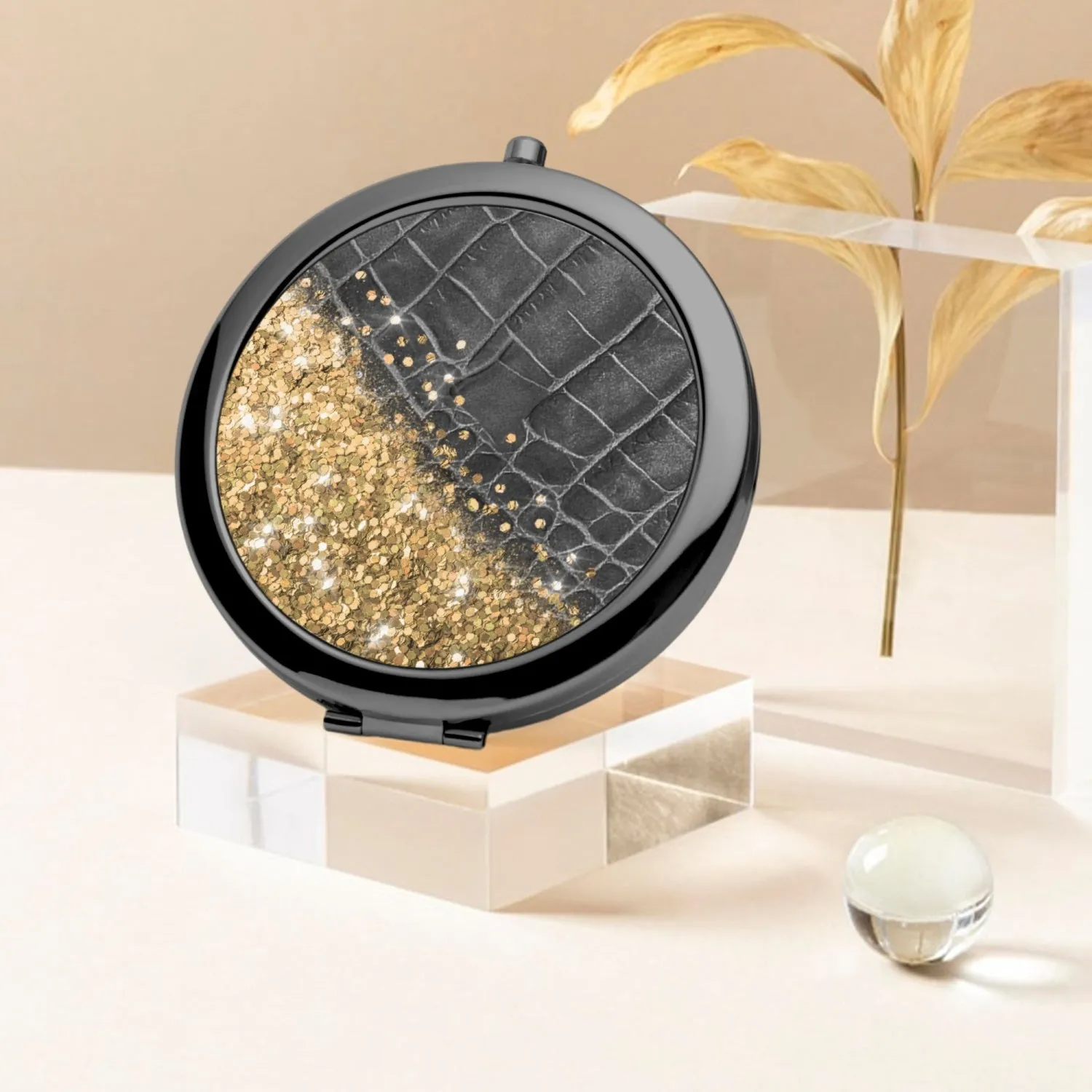 Gold Glitter & Black Leather | Compact Mirror