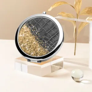 Gold Glitter & Black Leather | Compact Mirror
