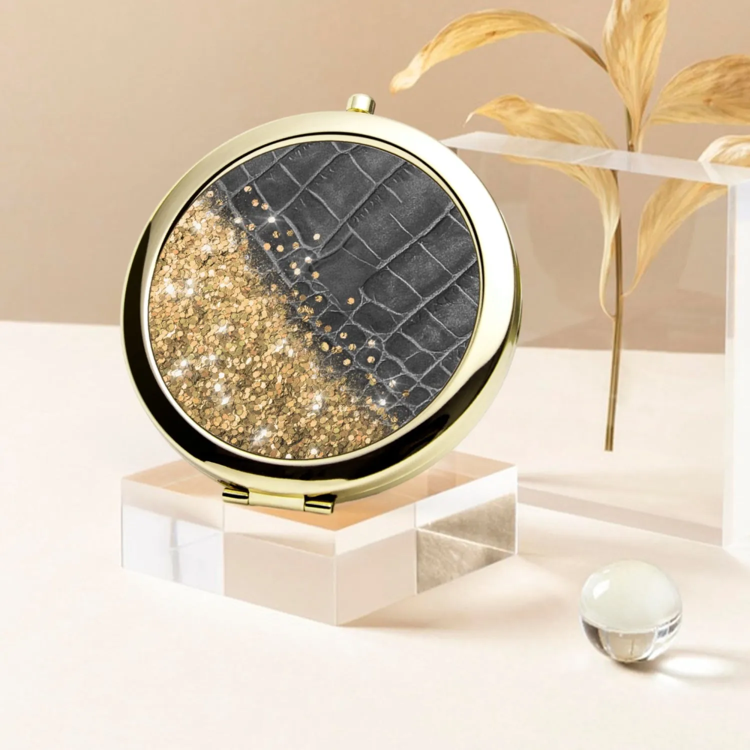 Gold Glitter & Black Leather | Compact Mirror