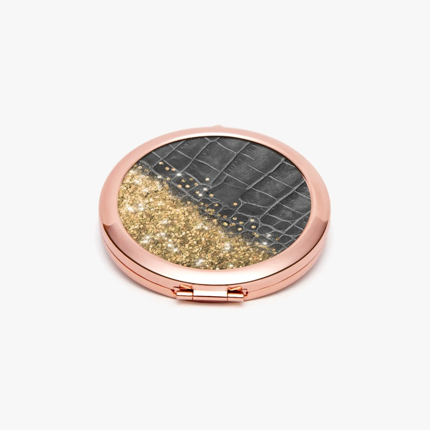 Gold Glitter & Black Leather | Compact Mirror