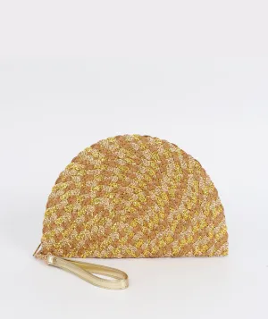 Gold Half Moon Woven Straw Clutch with Zip Closure