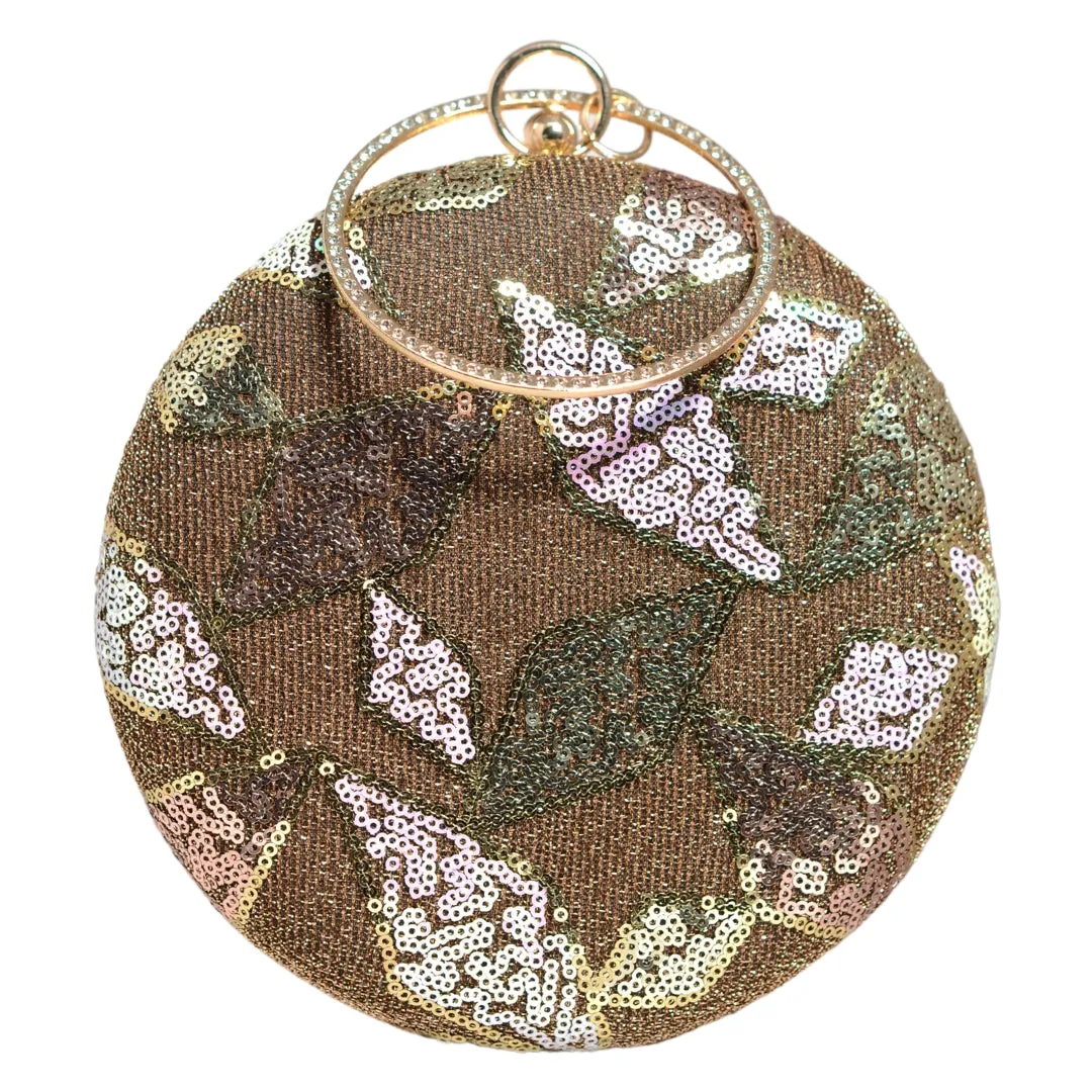 Golden And White Sequins Embroidery Round Clutch