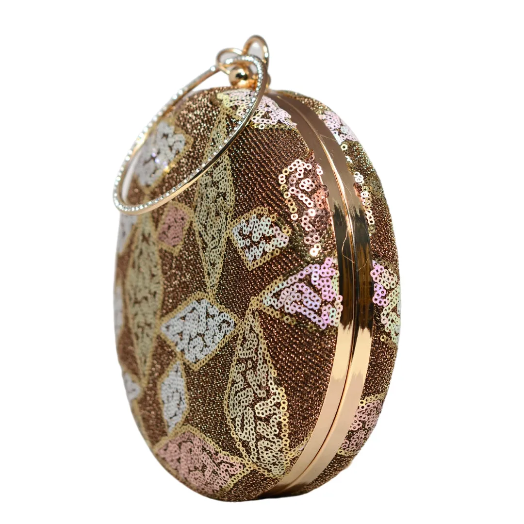 Golden And White Sequins Embroidery Round Clutch