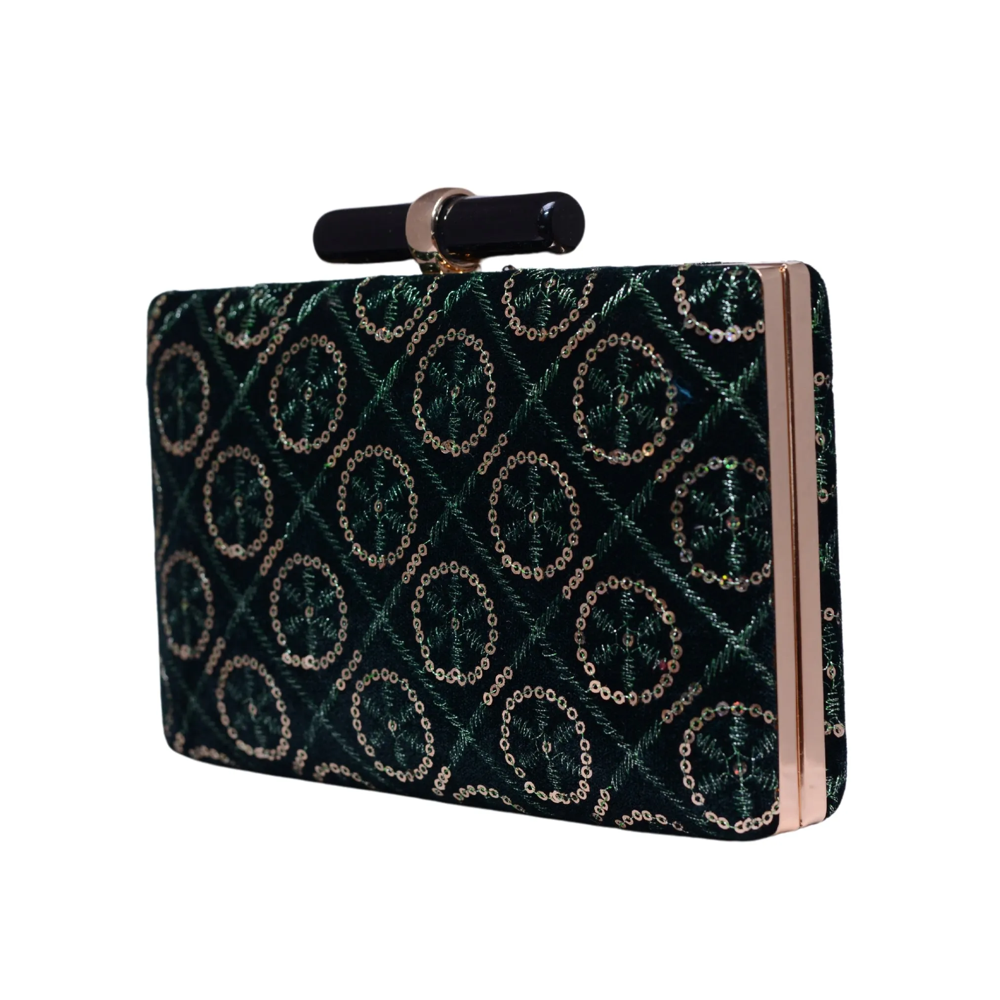 Green And Golden Sequins Embroidery Party Clutch