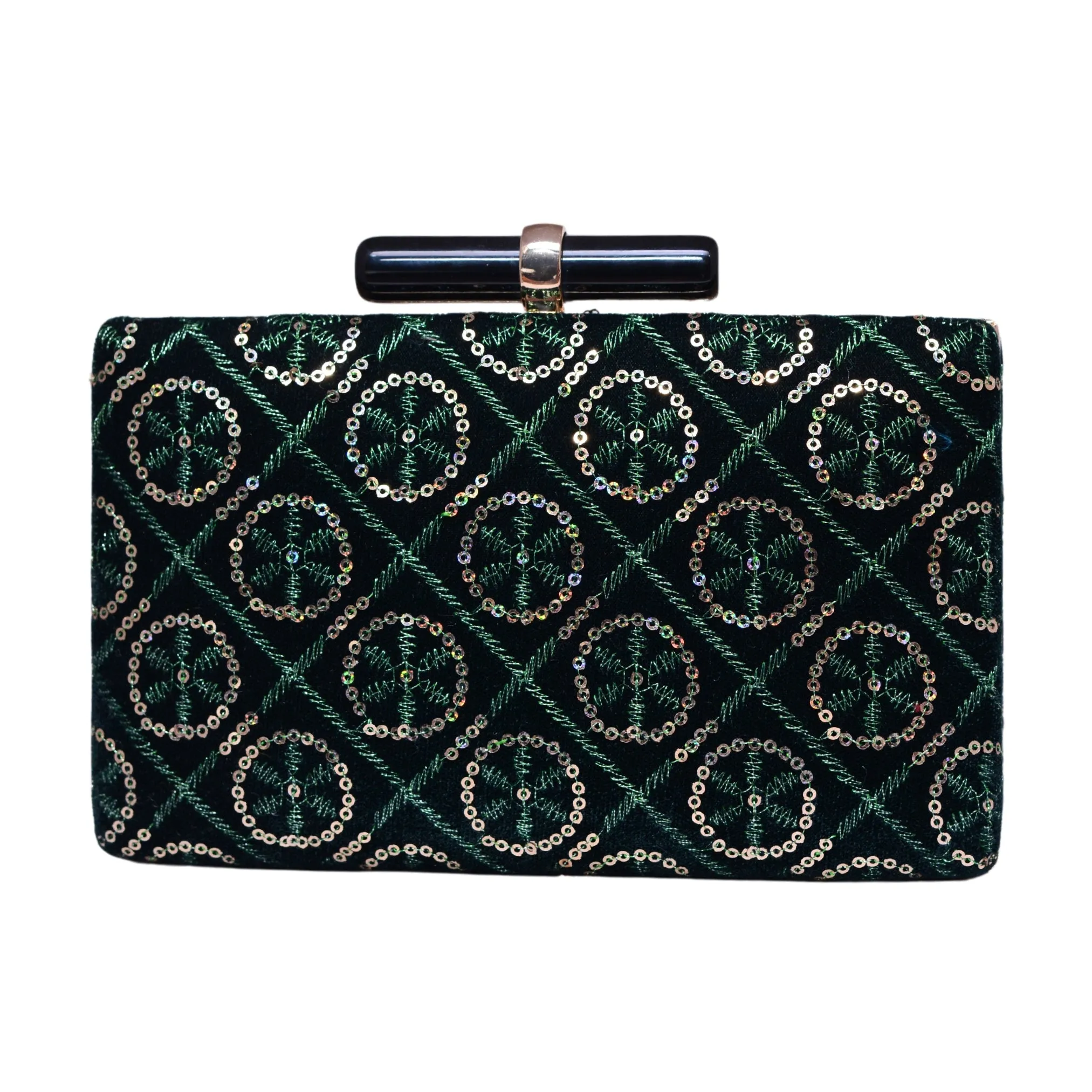 Green And Golden Sequins Embroidery Party Clutch