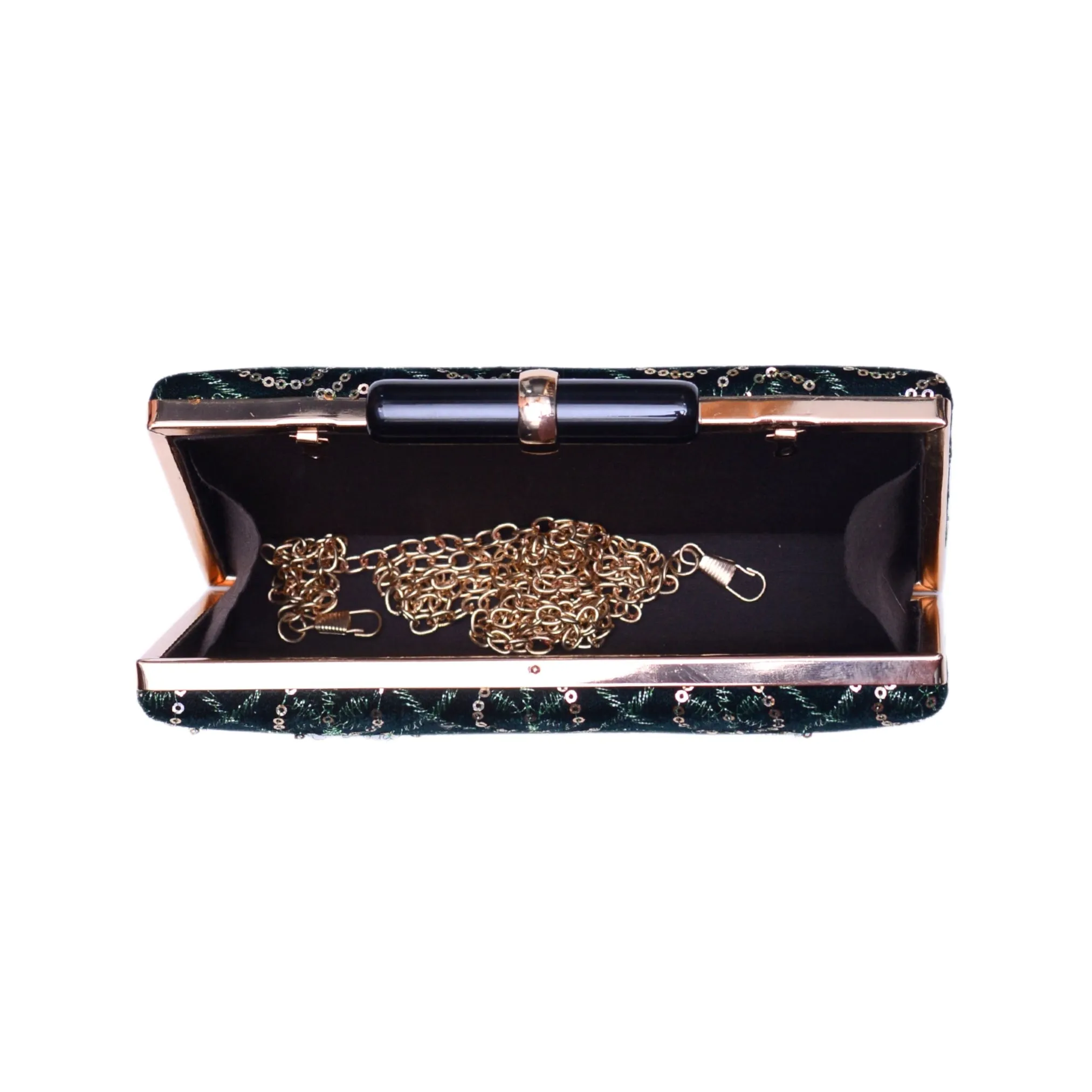 Green And Golden Sequins Embroidery Party Clutch
