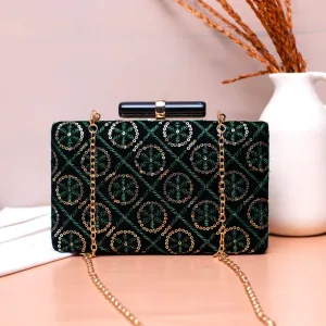 Green And Golden Sequins Embroidery Party Clutch