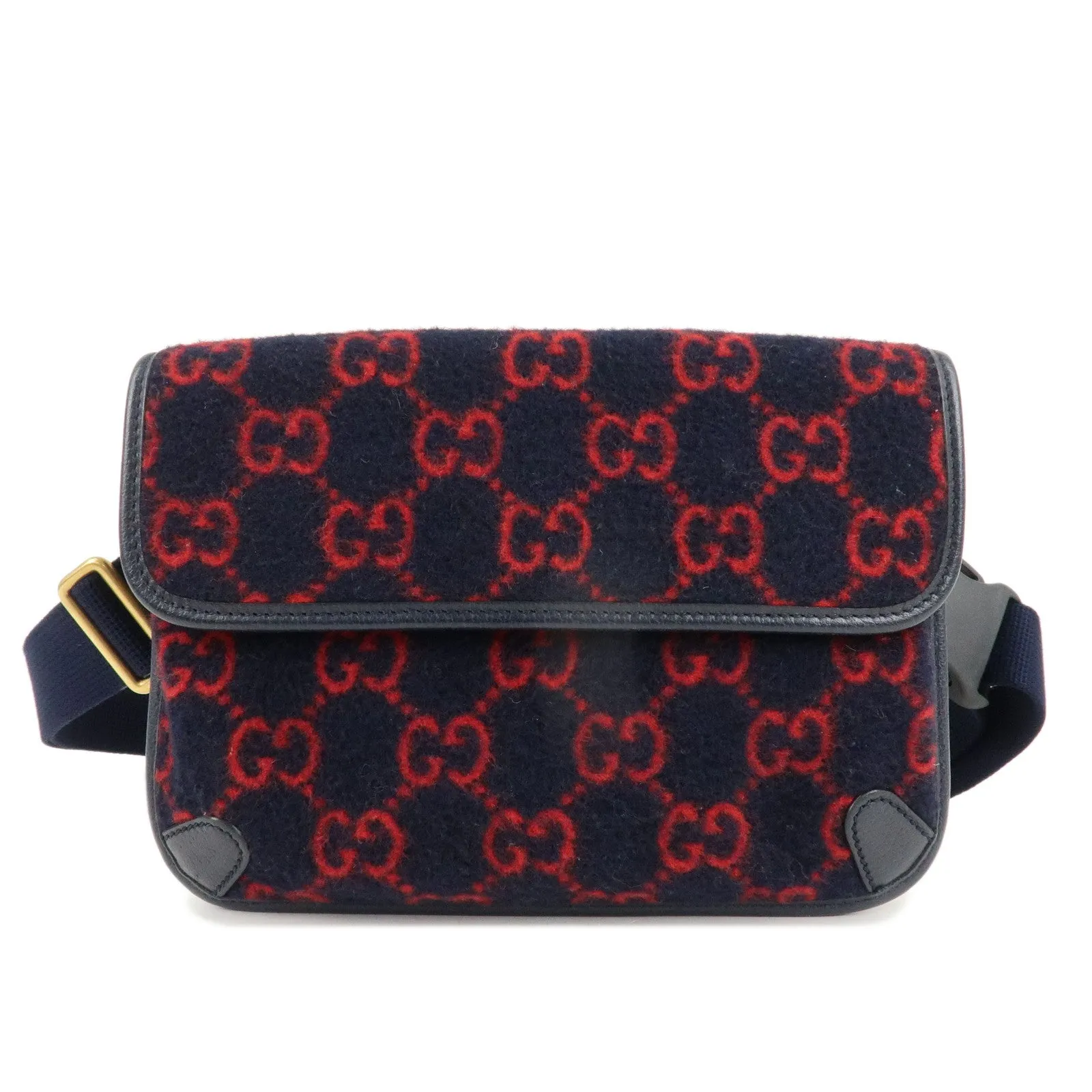GUCCI Gucci GG Wool Leather Waist Bag Navy Red 598181 Used