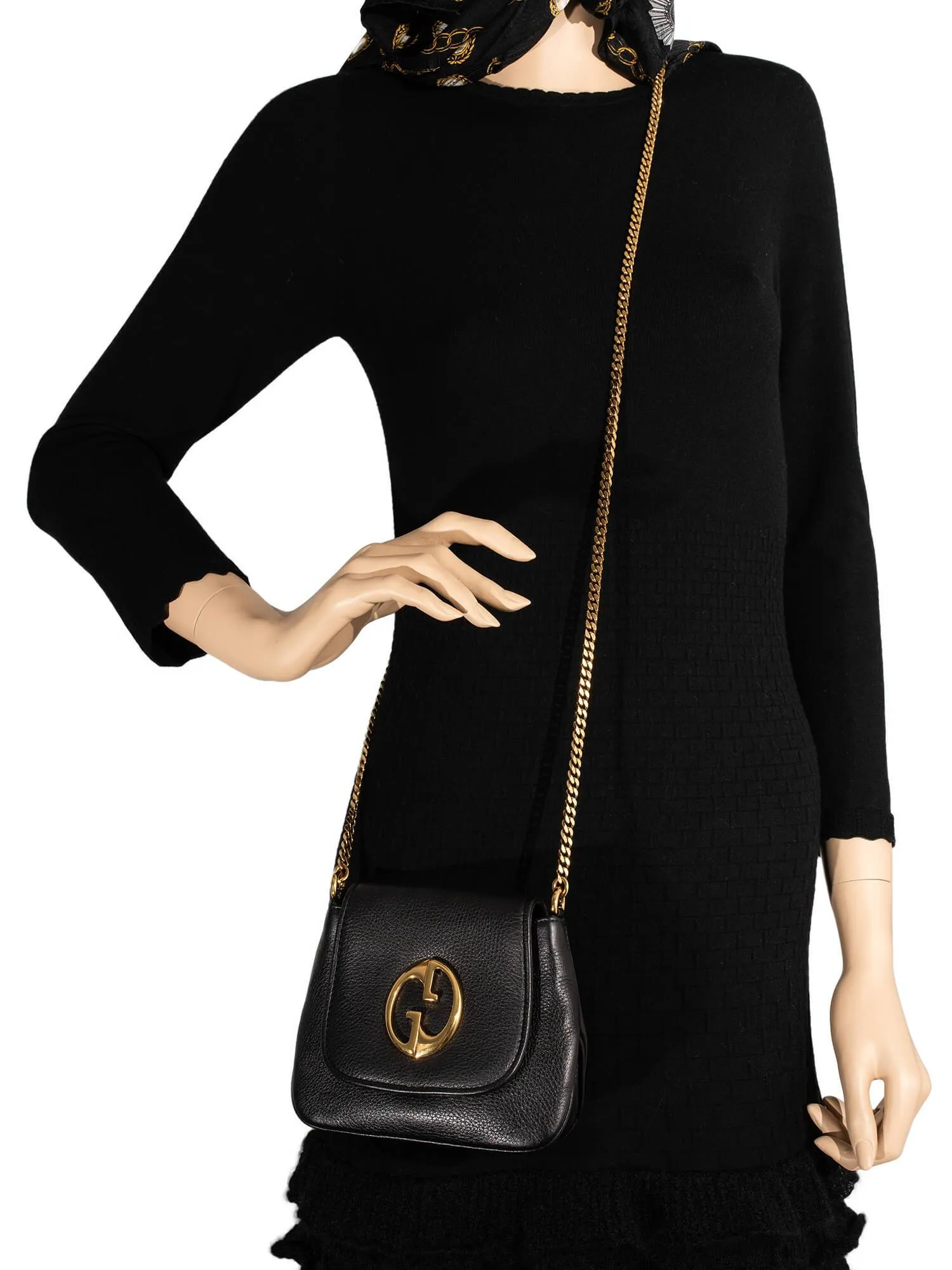 Gucci Pebbled Leather GG Logo Mini Messenger Flap Bag Black
