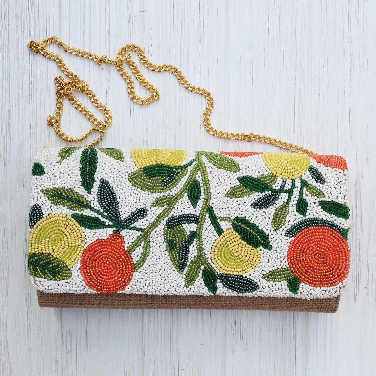 Half Flap Natural Clutch in Beaded Ivory with Oranges and Lemons