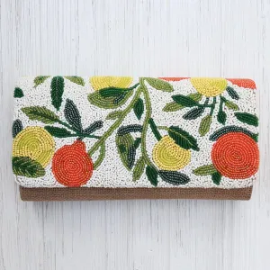 Half Flap Natural Clutch in Beaded Ivory with Oranges and Lemons