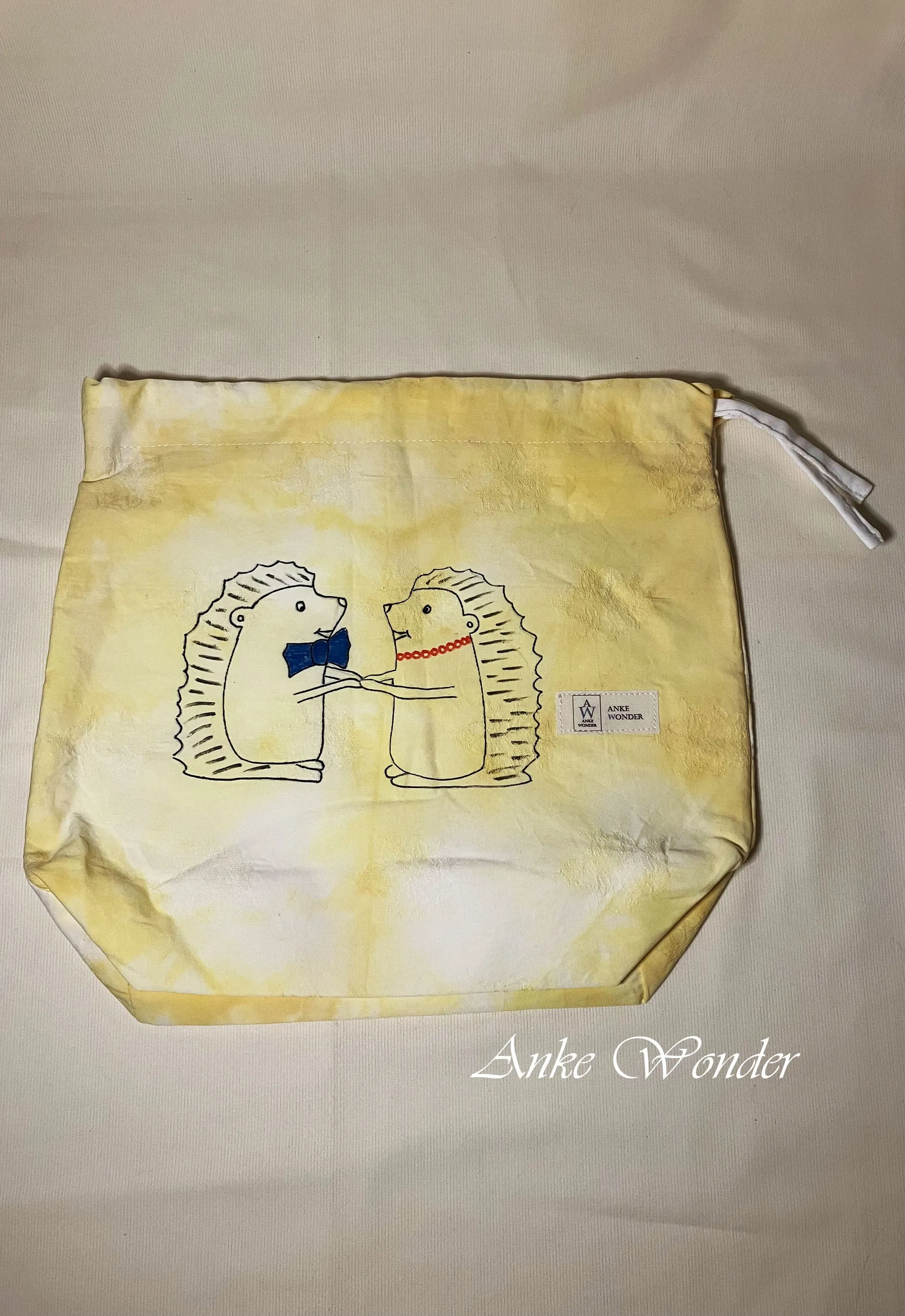 Hand-Painted Hedgehog Drawstring Bag Naturally Dyed