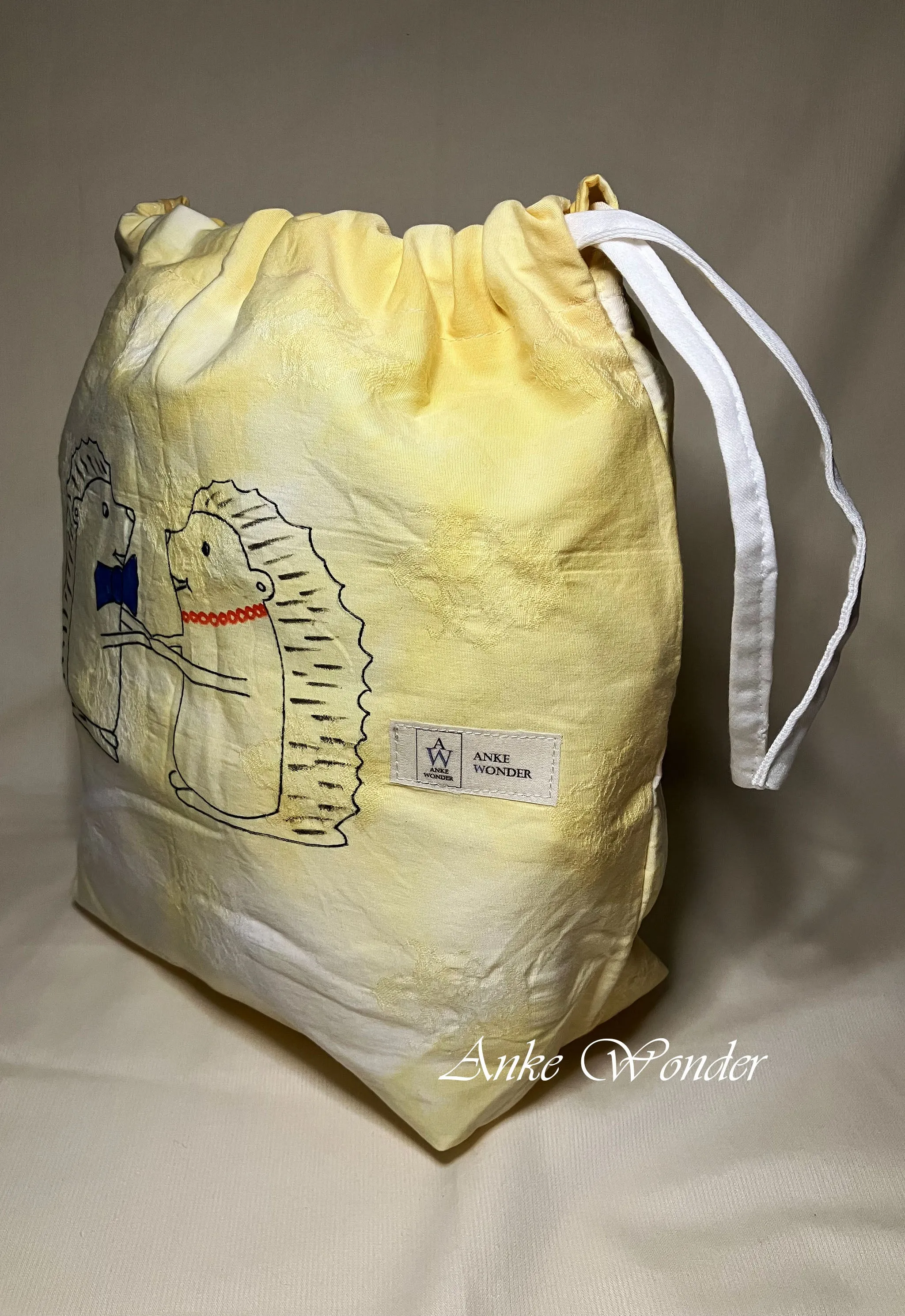 Hand-Painted Hedgehog Drawstring Bag Naturally Dyed
