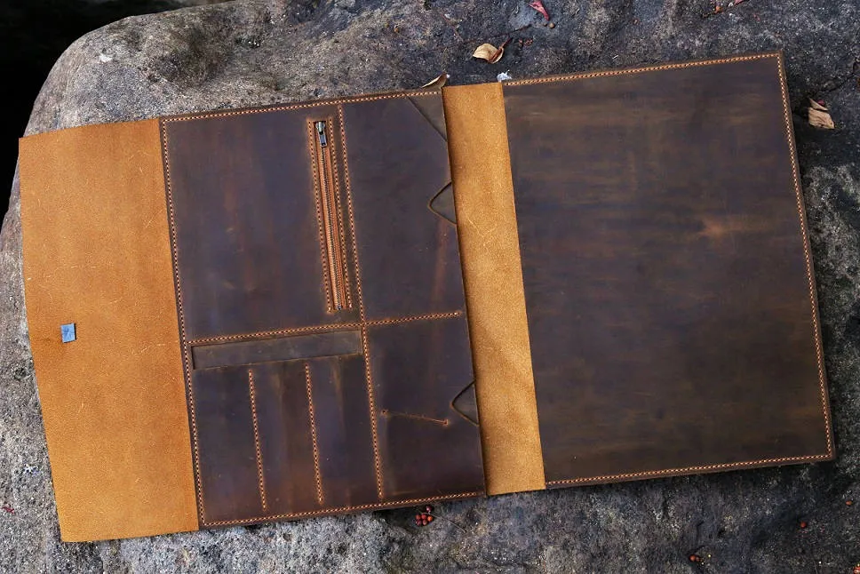 Handmade leather macbook pro laptop portfolio organizer